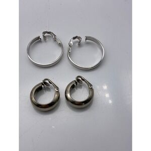 Silver Tone Clip On Hoop Earring Lot of 2 Thin and Chunky Polished
